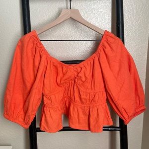 Women's Puff Elbow Sleeve Linen Shirt - A New Day Orange S